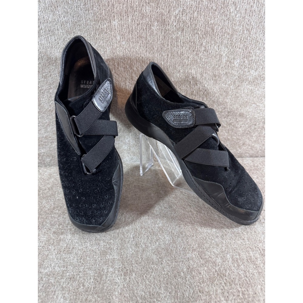 Stuart Weitzman Easy Straps Sneakers Women 8 Black Suede Leather Velcro Low Top